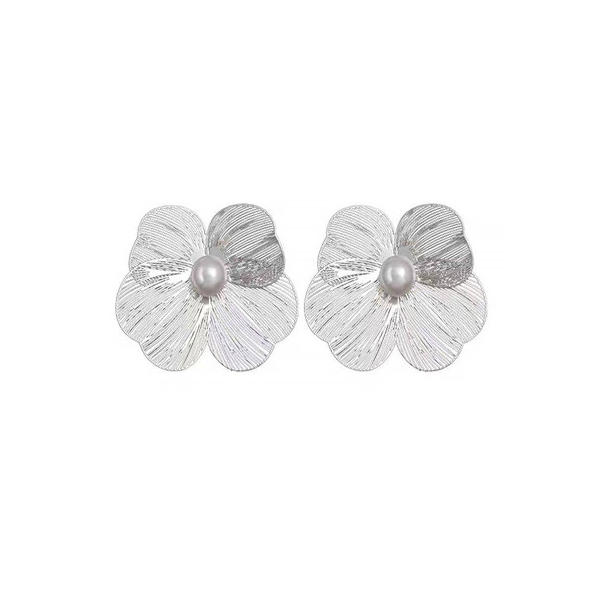 Exaggerated Large Flower Pearl Stud Earrings for Women Fashion Jewellery - Silver - view 2