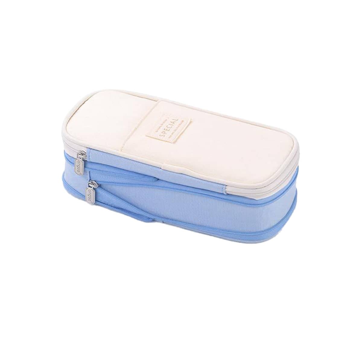 Expandable Canvas Pencil Case with Dual Zips - Light Blue