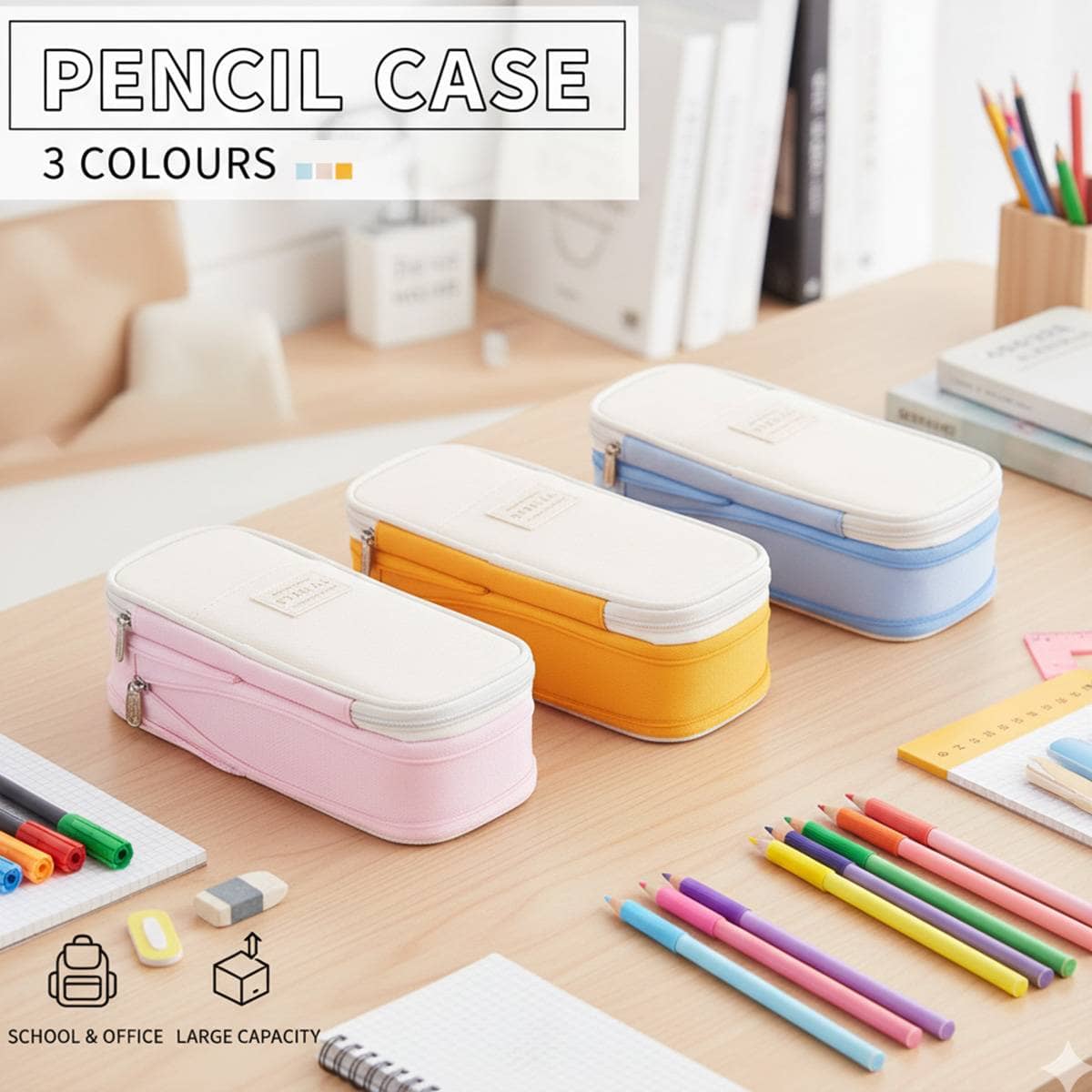 Expandable Canvas Pencil Case with Dual Zips - Light Blue - view 2