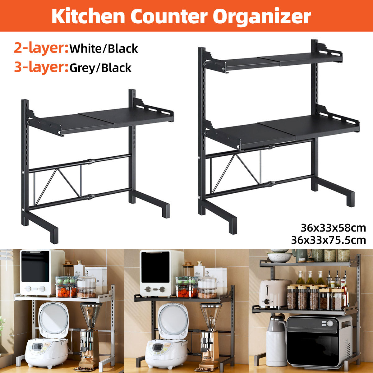 Expandable Microwave Oven Storage Rack Shelf - Black 3-Layer - view 2