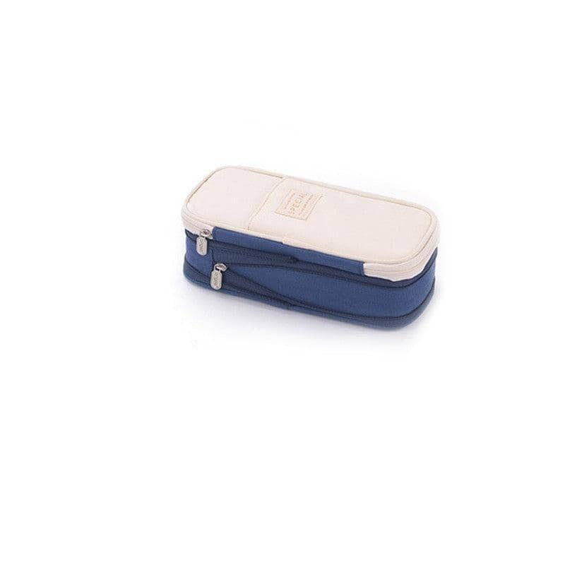 Expandable Zipper Pencil Case with Multiple Pockets, 22 x 11 x 6.5 cm - Beige and Dark Blue