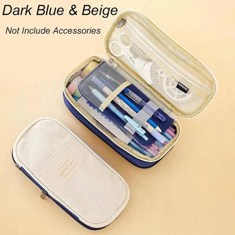 Expandable Zipper Pencil Case with Multiple Pockets, 22 x 11 x 6.5 cm - Beige and Dark Blue - view 5