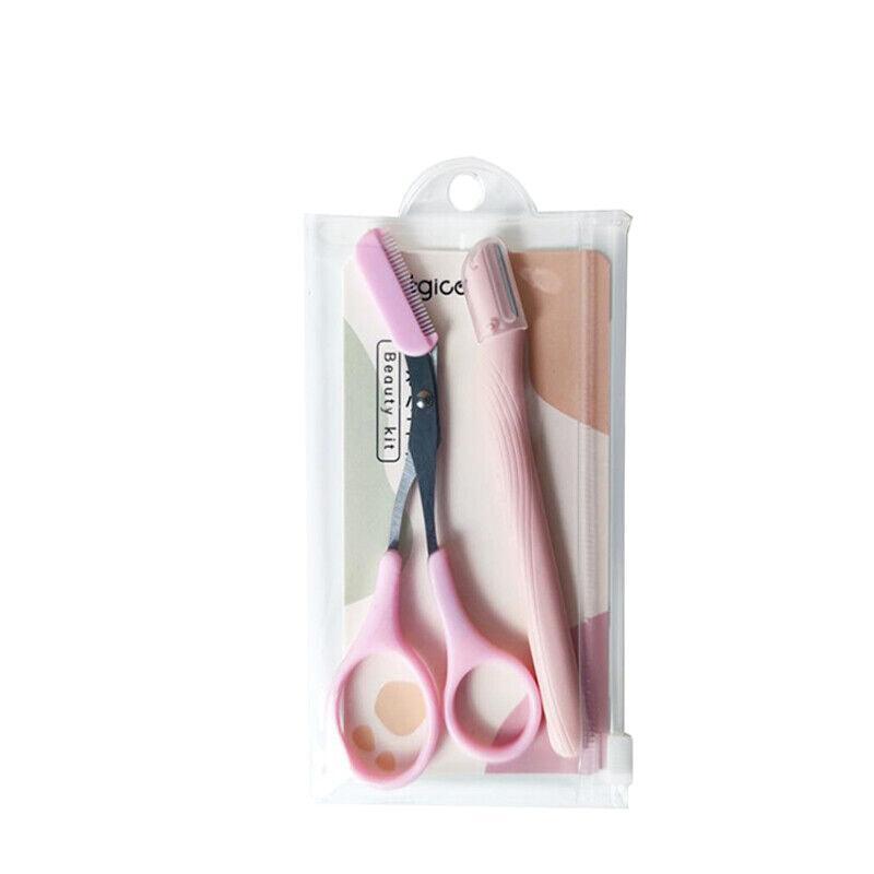 Eyebrow Razor and Scissor Set with Comb - Pink