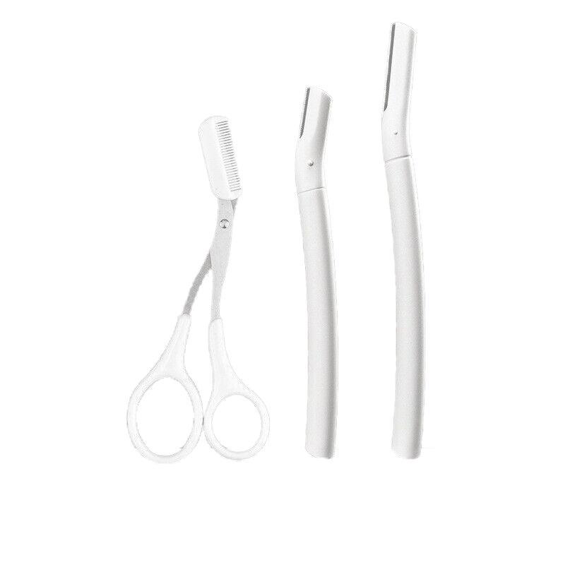 Eyebrow Razor Set of 3 - Short and Long Razors with Brow Scissors, White