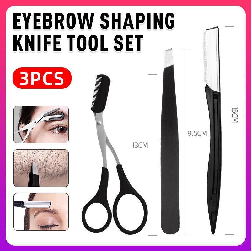 Eyebrow Trimming Set of 3 with Comb Scissors, Tweezers and Razor