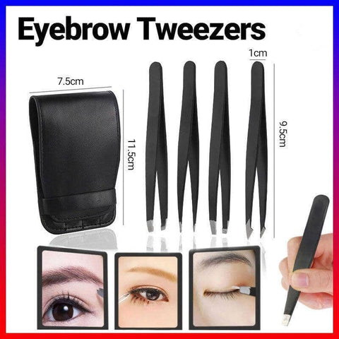 Eyebrow Tweezers Set with Leather Pouch, 4 Pieces