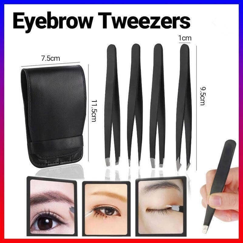 Eyebrow Tweezers Set with Leather Pouch, 4 Pieces