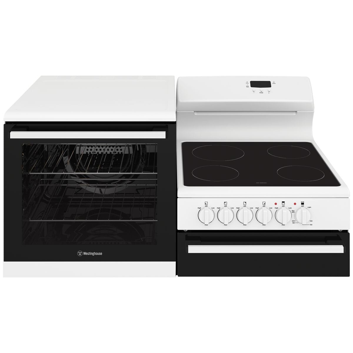 Westinghouse 110cm Elevated Electric Stove - 80L Fan Forced, Separate Grill, Left Hand Oven - WDE143WCB-L