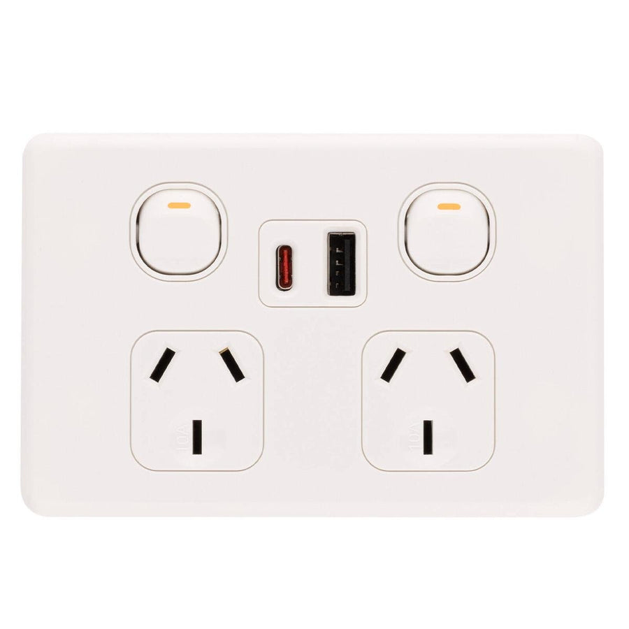 Deta S Line Double Power Point with USB A+C PD20W Fast Charging - 2 Outlets - 45mm x 74mm x 115mm - Ultra-Low Profile Design - SuperSaverAU - view 1