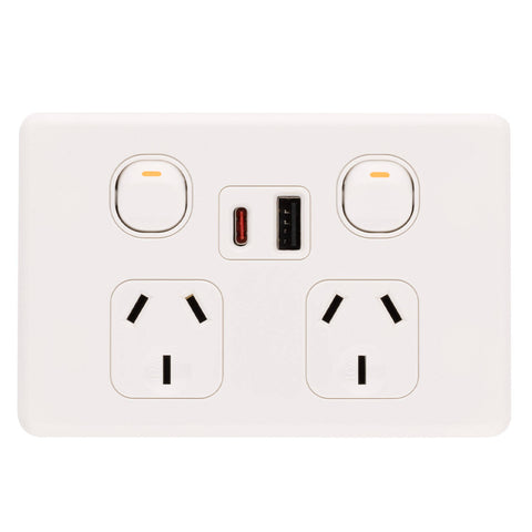 DETA S-line Low Profile Double Power Point with USB-A & USB-C PD20W Fast Charging Indoor