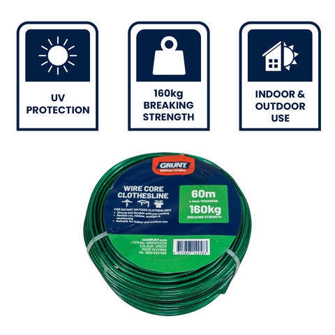 Grunt 4mm x 60m Green Clothesline Wire, PVC Coated, 160kg Break Strength, Weather Resistant