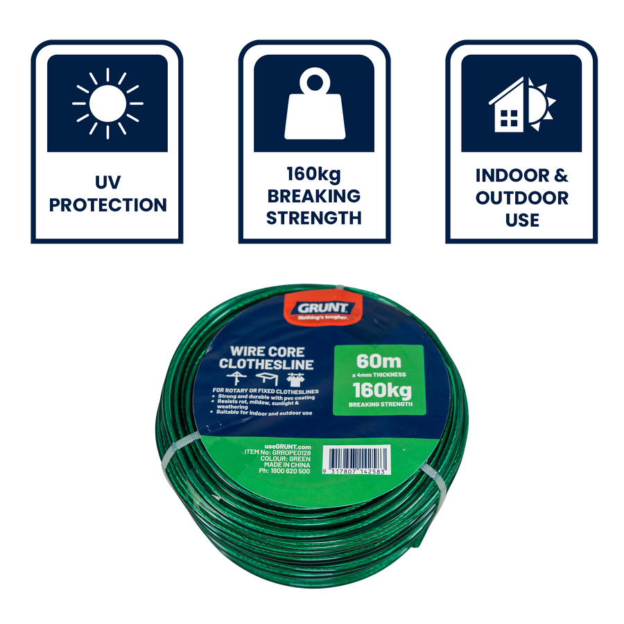 Grunt 4mm x 60m Green Clothesline Wire, PVC Coated, 160kg Break Strength, Weather Resistant
