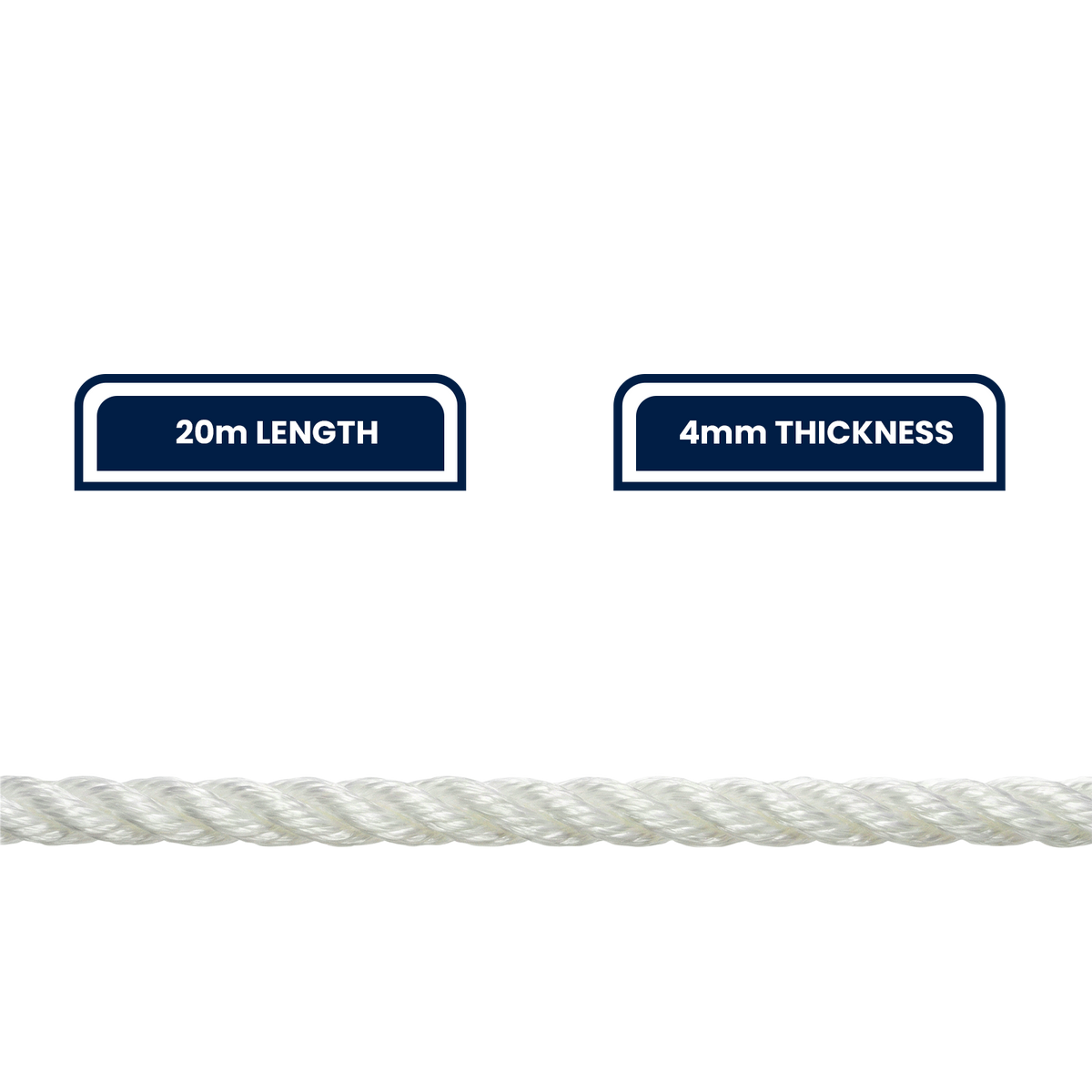 Grunt Super Silver 4mm x 20m Rope, White Twisted Polypropylene, Floats, 240kg Break Strength