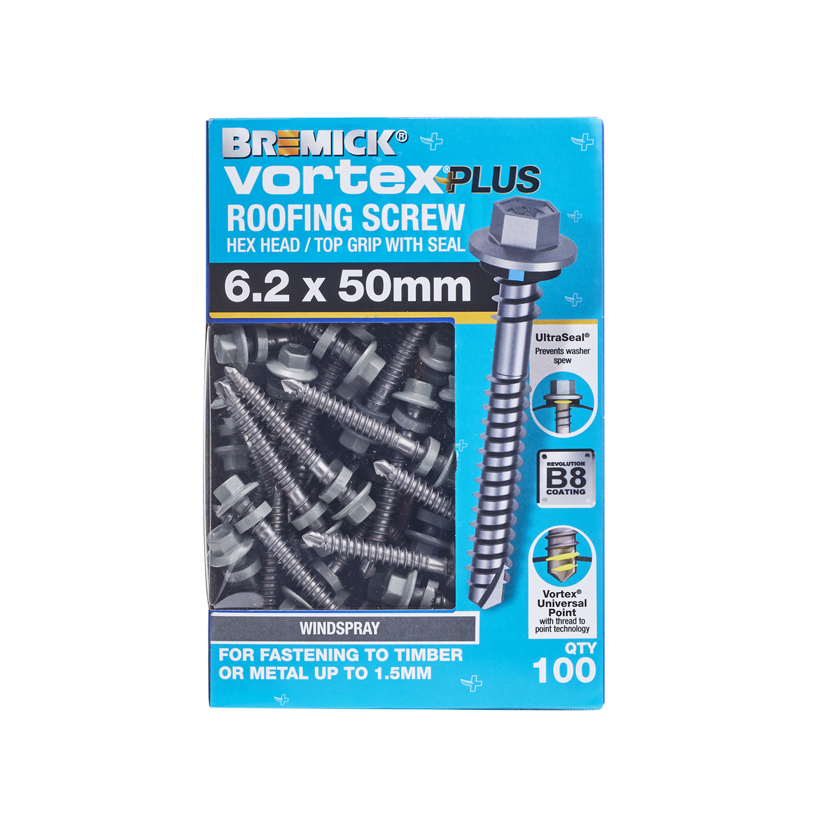 Bremick Vortex Plus Roofing Screw 6.2 x 50mm - Hex B8 - Box of 100 - Watertight Connection - SuperSaverAU - view 2