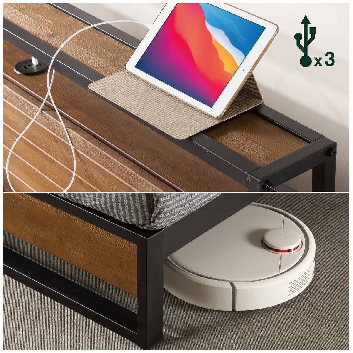 Zinus Ironline King wood and metal bed frame - headboard shelf, built-in USB ports, brown - AU-IRPBHS-14K