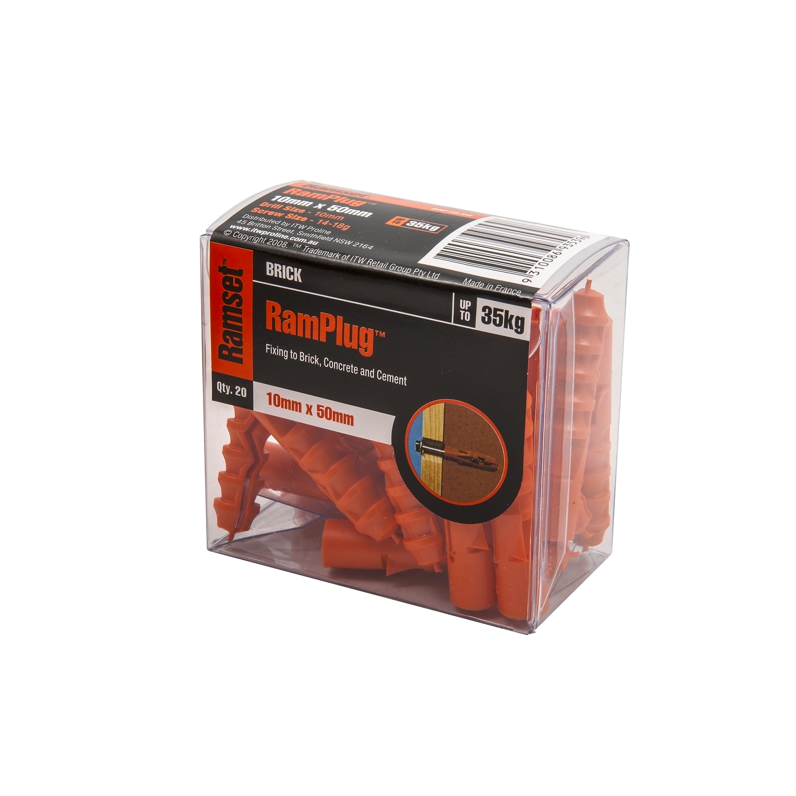 Ramset 10 x 50mm RamPlug Nylon Wall Anchor, Orange - 20 Pack