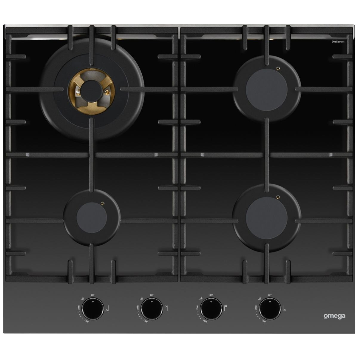 Omega 60cm Natural Gas Cooktop - Black Ceramic Glass, Wok Burner, Brass Burners, Cast Iron Trivets - OCGG604WB
