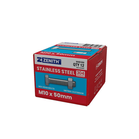 Zenith M10 x 50mm Stainless Steel 304 Hex Head Bolts & Nuts 12 Pack - SuperSaverAU - view 1