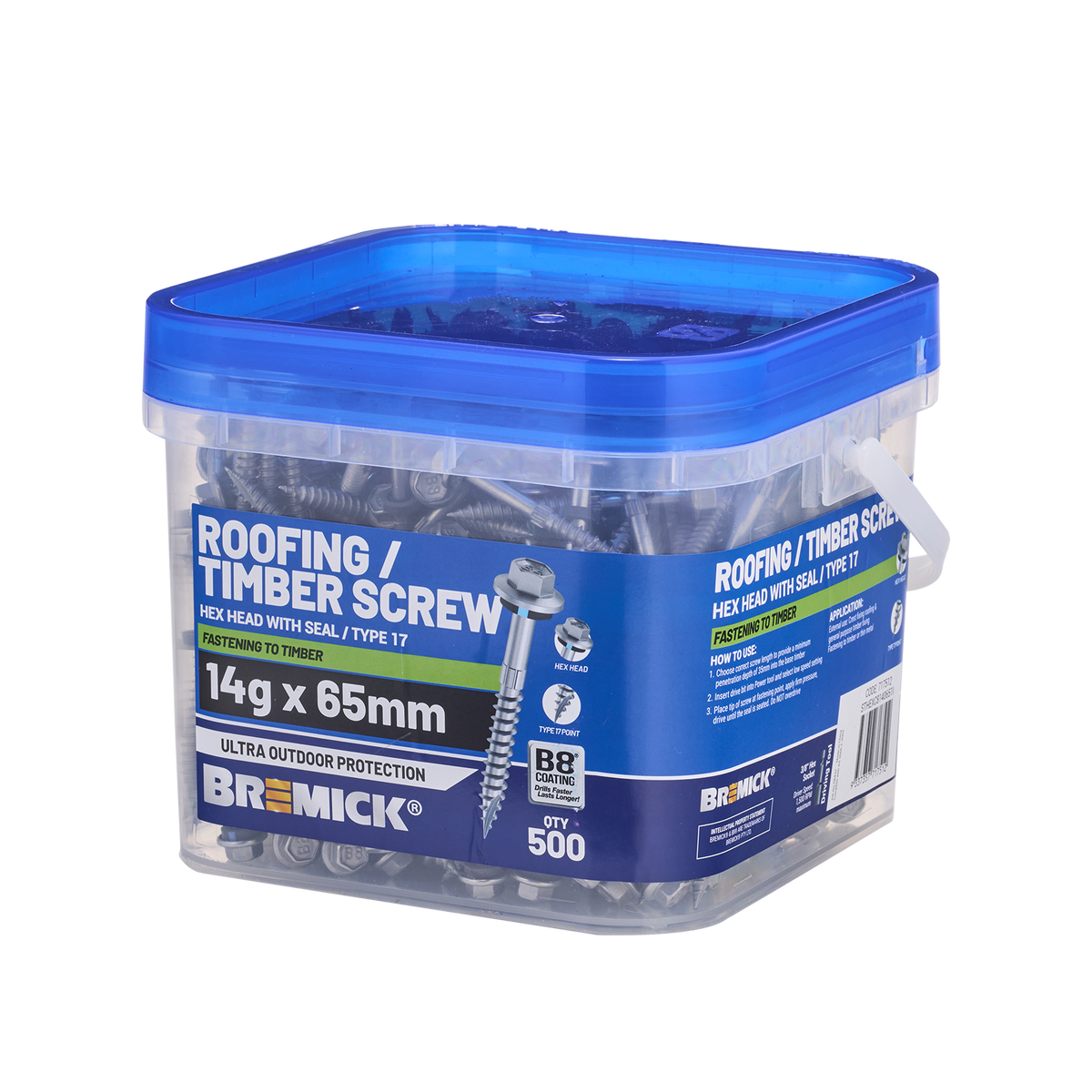 Bremick 14g x 65mm B8 Hex Roofing Screw - 500 Pack - Watertight Seal - SuperSaverAU - view 1