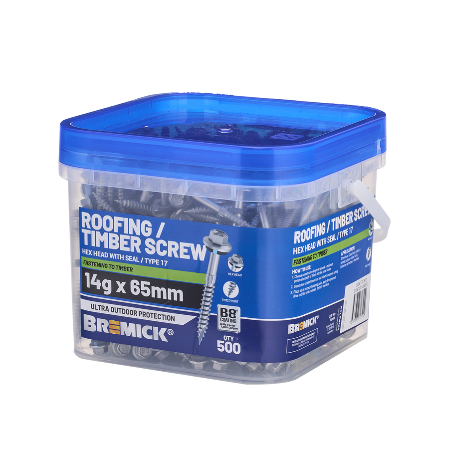 Bremick 14g x 65mm B8 Hex Roofing Screw - 500 Pack - Watertight Seal - SuperSaverAU - view 1