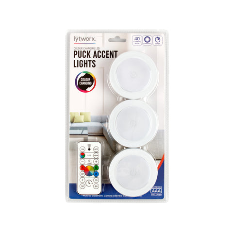 Lytworx Colour Changing Puck Accent Lights 3 Pack RGB Remote Control 68785