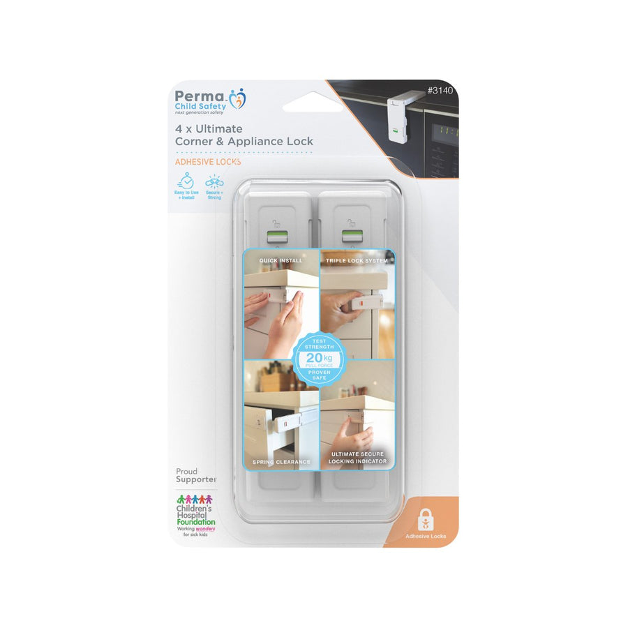 Perma Child Safety Ultimate Corner and Appliance Lock 4 Pack - 115mm x 92mm - Self-Adhesive - SuperSaverAU - view 1