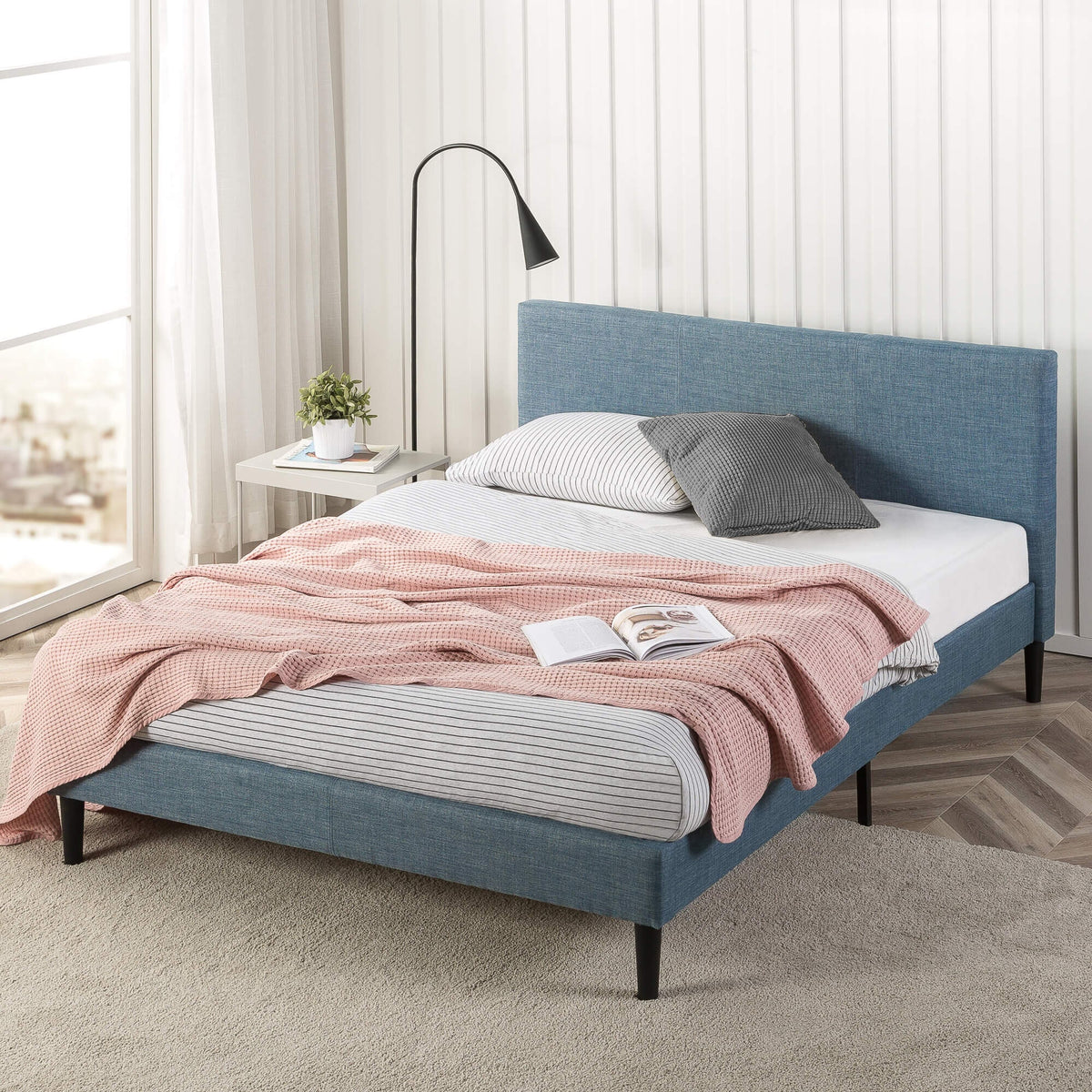 Zinus Double Upholstered Fabric Bed Base - Light Blue, Cushioned Headboard, Slatted Base - AU-FPPPLB-12D