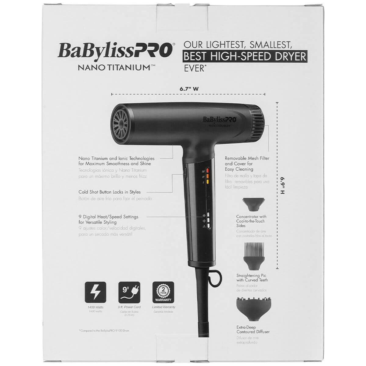 BaBylissPRO Nano Titanium Light ionic high-speed hair dryer - 1400W digital motor, black - 900213