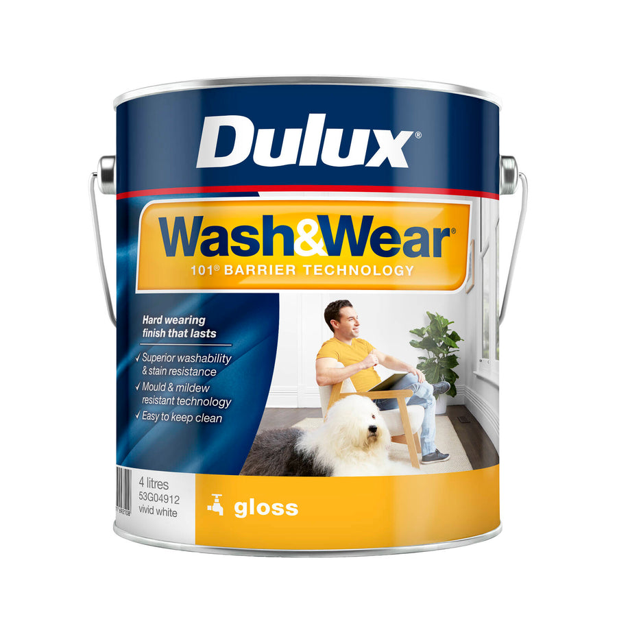 Dulux Wash&Wear Gloss Interior Paint Vivid White 4L - Walls, Doors & Architraves