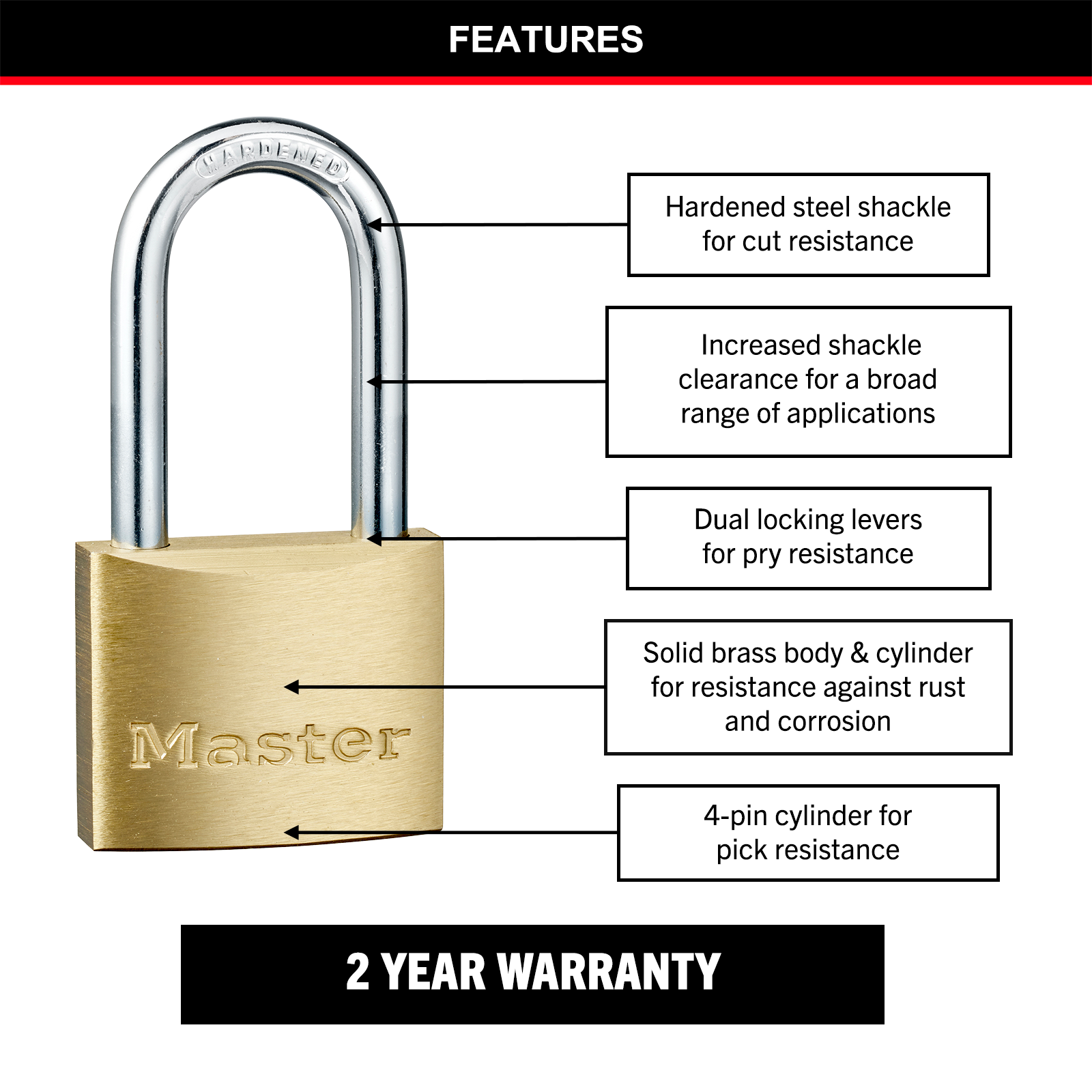 Master Lock 40mm Long Shackle Padlock, Solid Brass, Hardened Steel, 38mm Clearance
