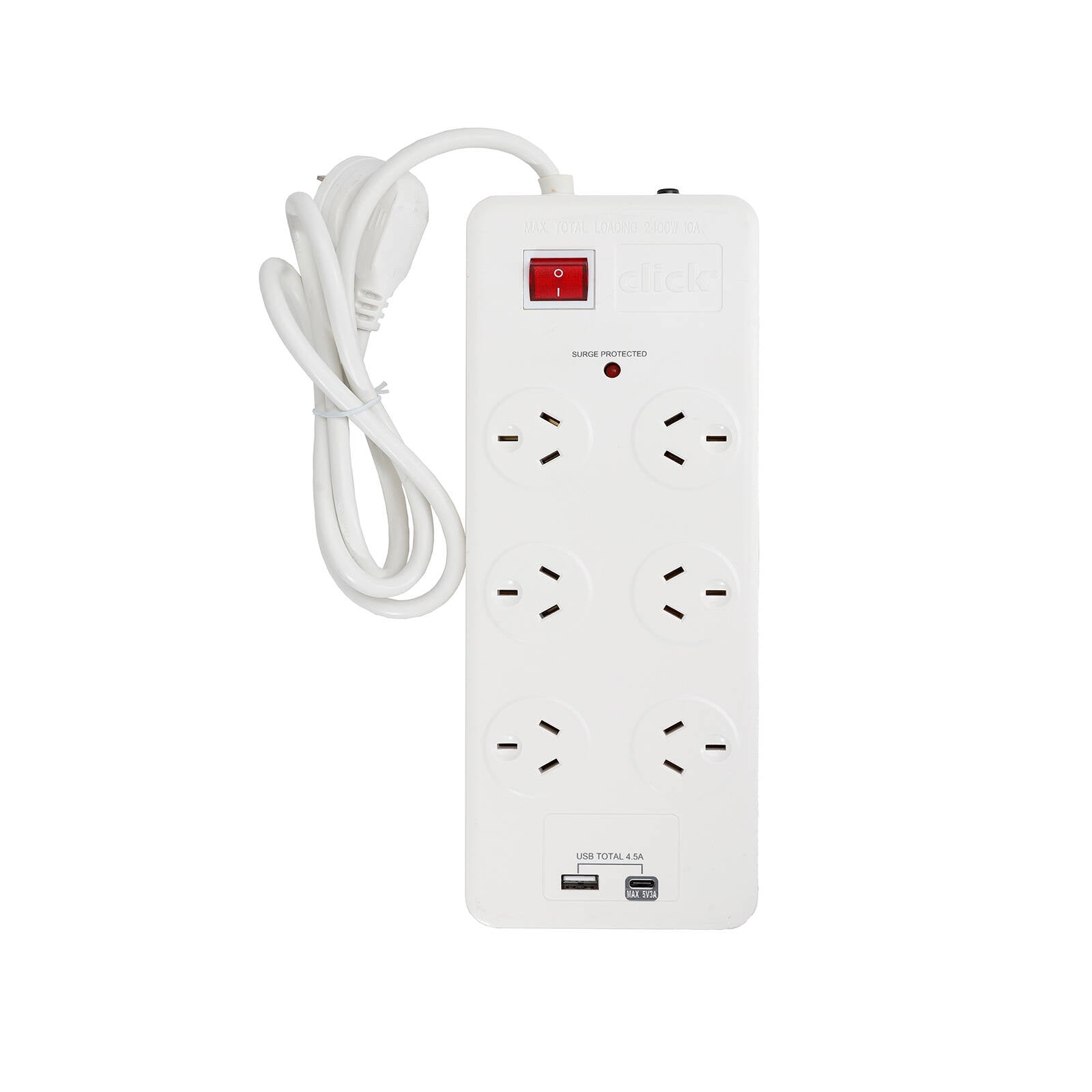 Click 6 Outlet Power Board with USB Charger 240V 2400W Surge 1m Lead CPB6U