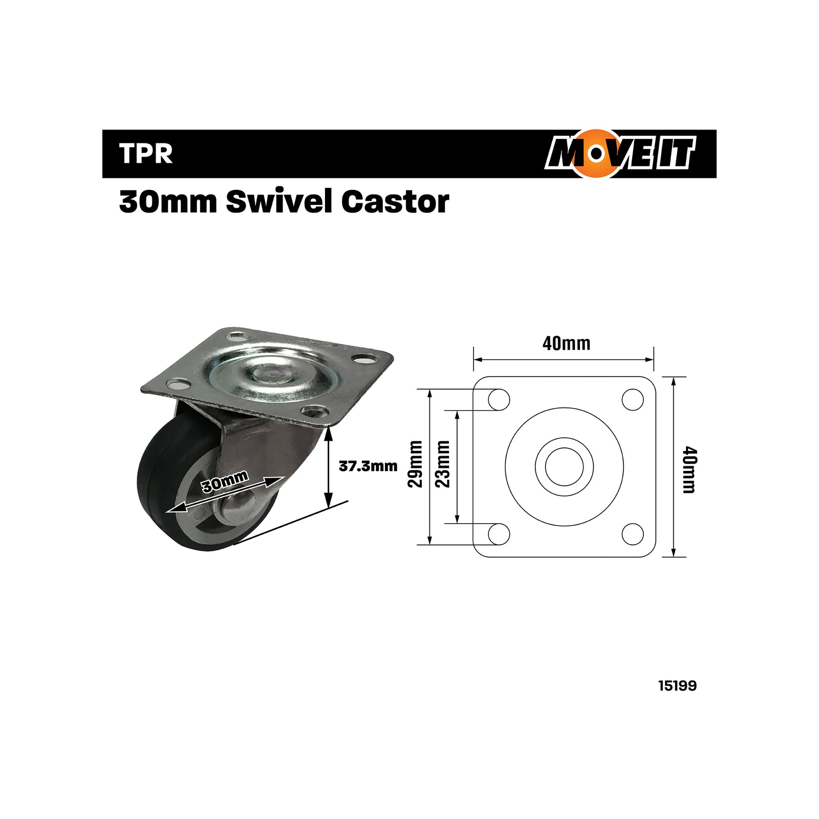 Move It 30mm Grey TPR on Polypropylene Swivel Plate Castor, 20kg, 2 Pack
