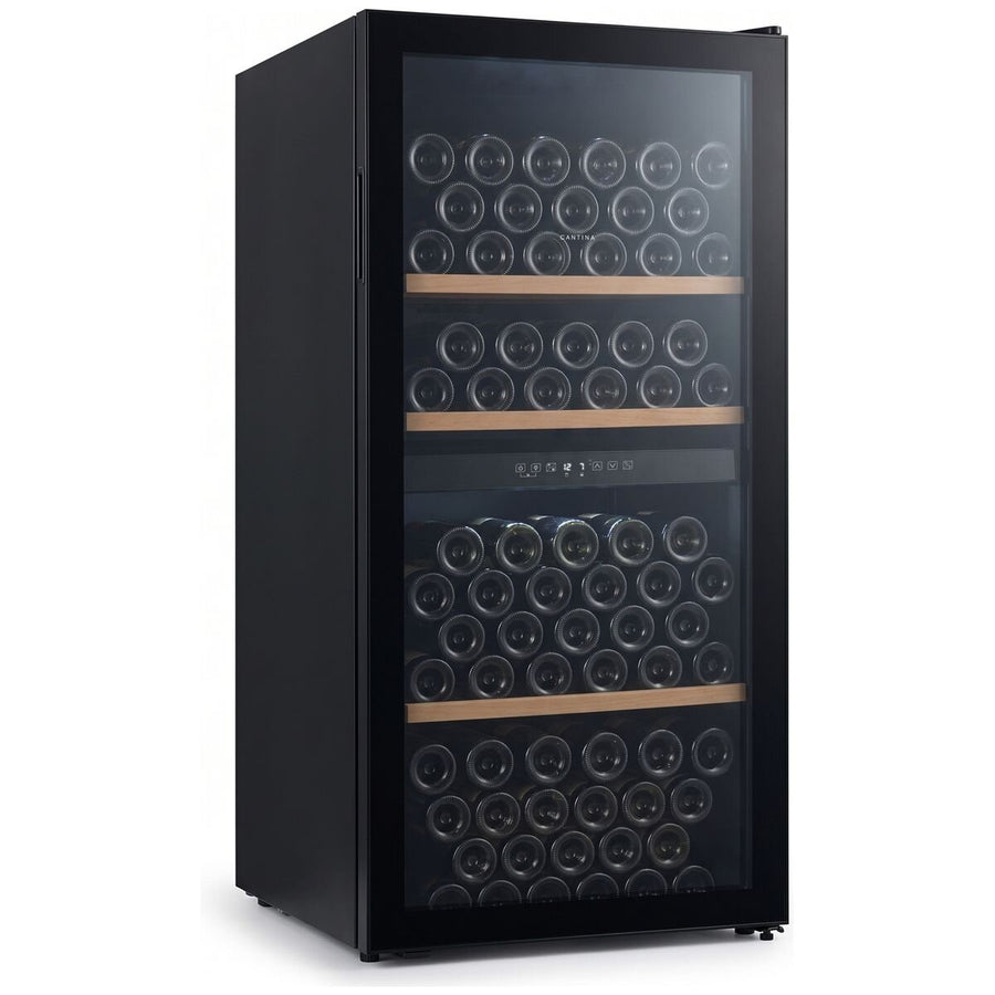 Cantina 127 Bottle Dual Zone Freestanding Wine Cabinet - Black Glass Door - Beech Trim Shelves - CCWID105B