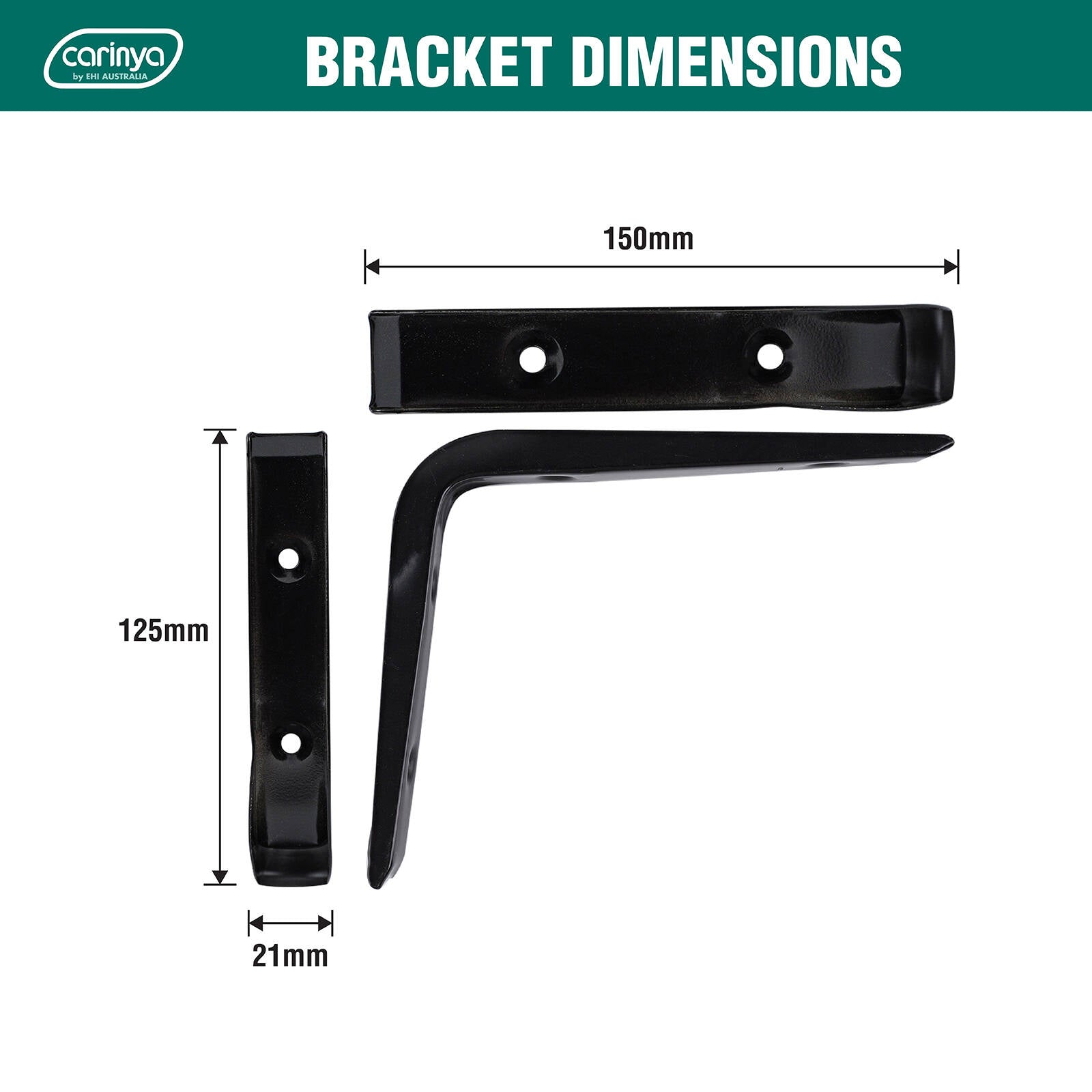 Carinya 125 x 150mm Black Powder Coated Steel Angle Bracket, 35kg, Wall Mount