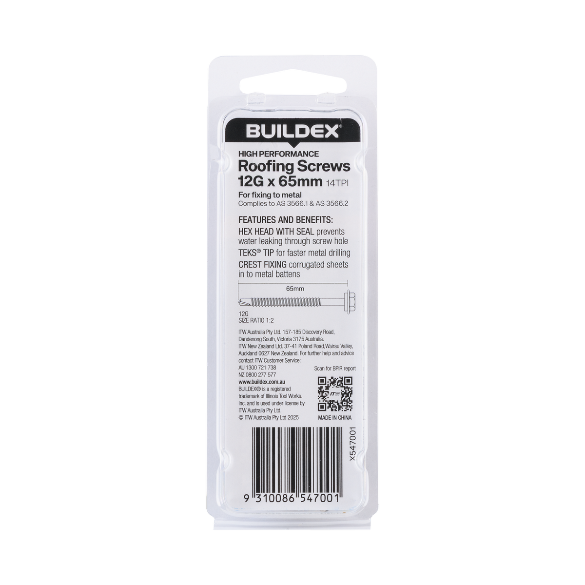 Buildex Roofing Teks Screws - 12g x 65mm - 6 Pack - Class 3 Corrosion Protection - Self-Drilling - SuperSaverAU - view 2