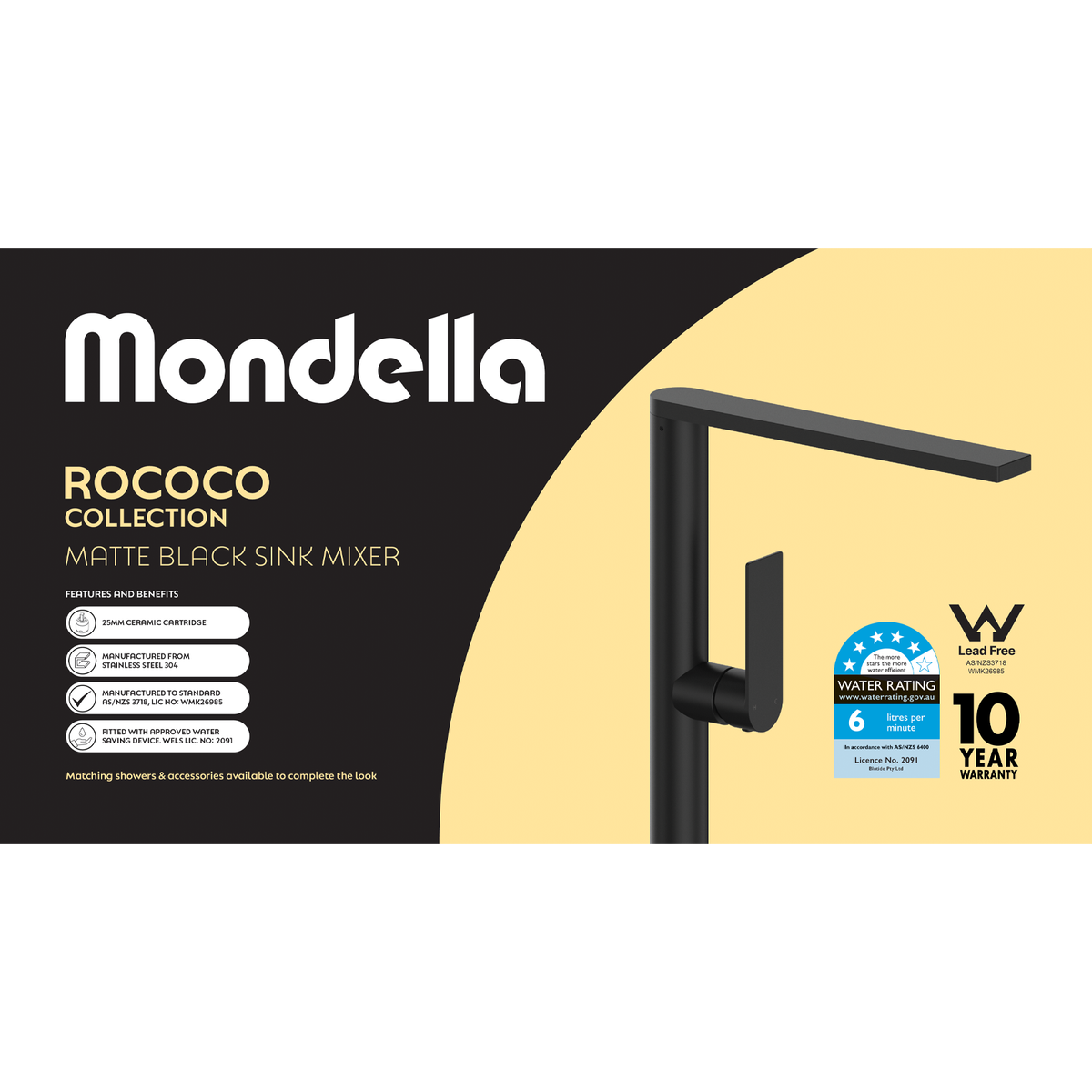 Mondella Black Matte Rococo Sink Mixer - 60mm x 470mm x 250mm - Lead-Free - SuperSaverAU - view 4