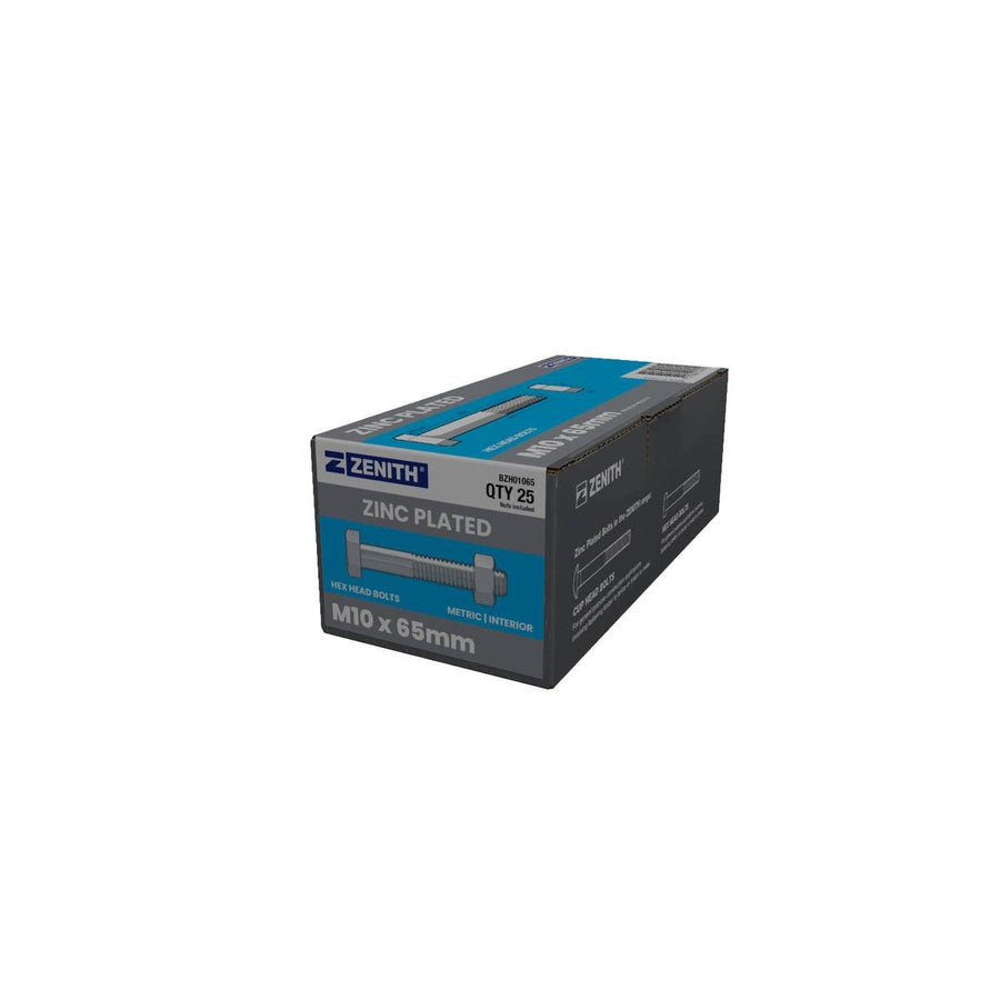 Zenith Zinc Plated Hex Head Bolts and Nuts 25 Pack - M10 x 65mm - Durable Fastening Solutions - SuperSaverAU - view 1