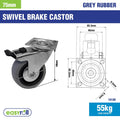 Easyroll 75mm Grey Rubber Swivel Plate Castor with Brake, 55kg Load