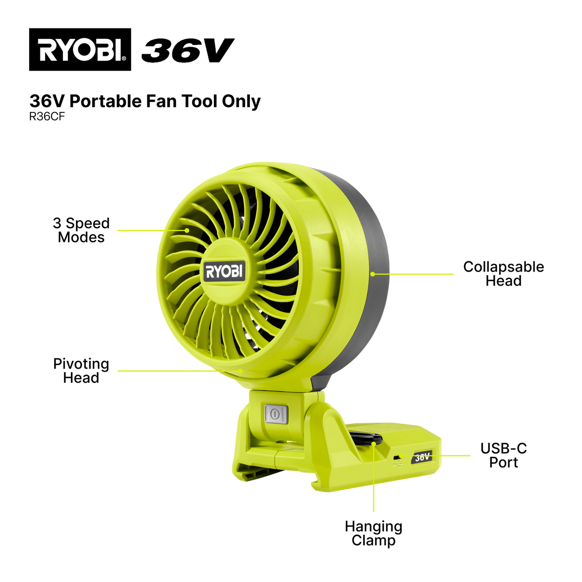 Ryobi 36V Portable Fan Tool Only - 15W USB-C Output - 3 Speed Settings - 15 Hours Runtime - SuperSaverAU - view 2