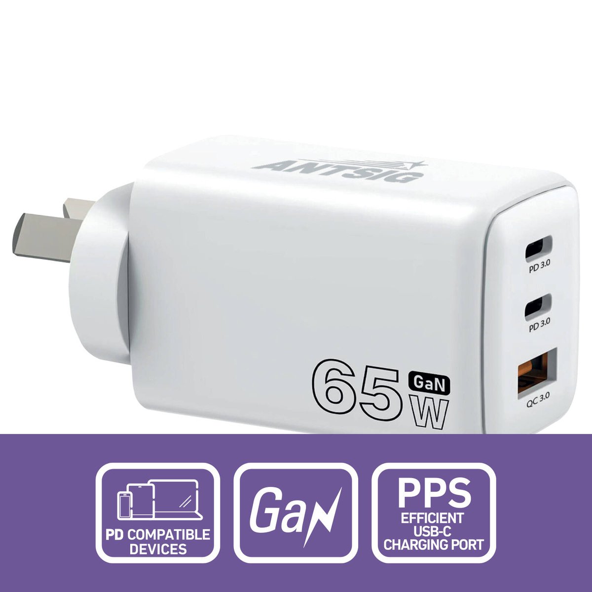Antsig 65W Multi Port Wall Charger - 3 Ports - Compact - White - SuperSaverAU - view 2