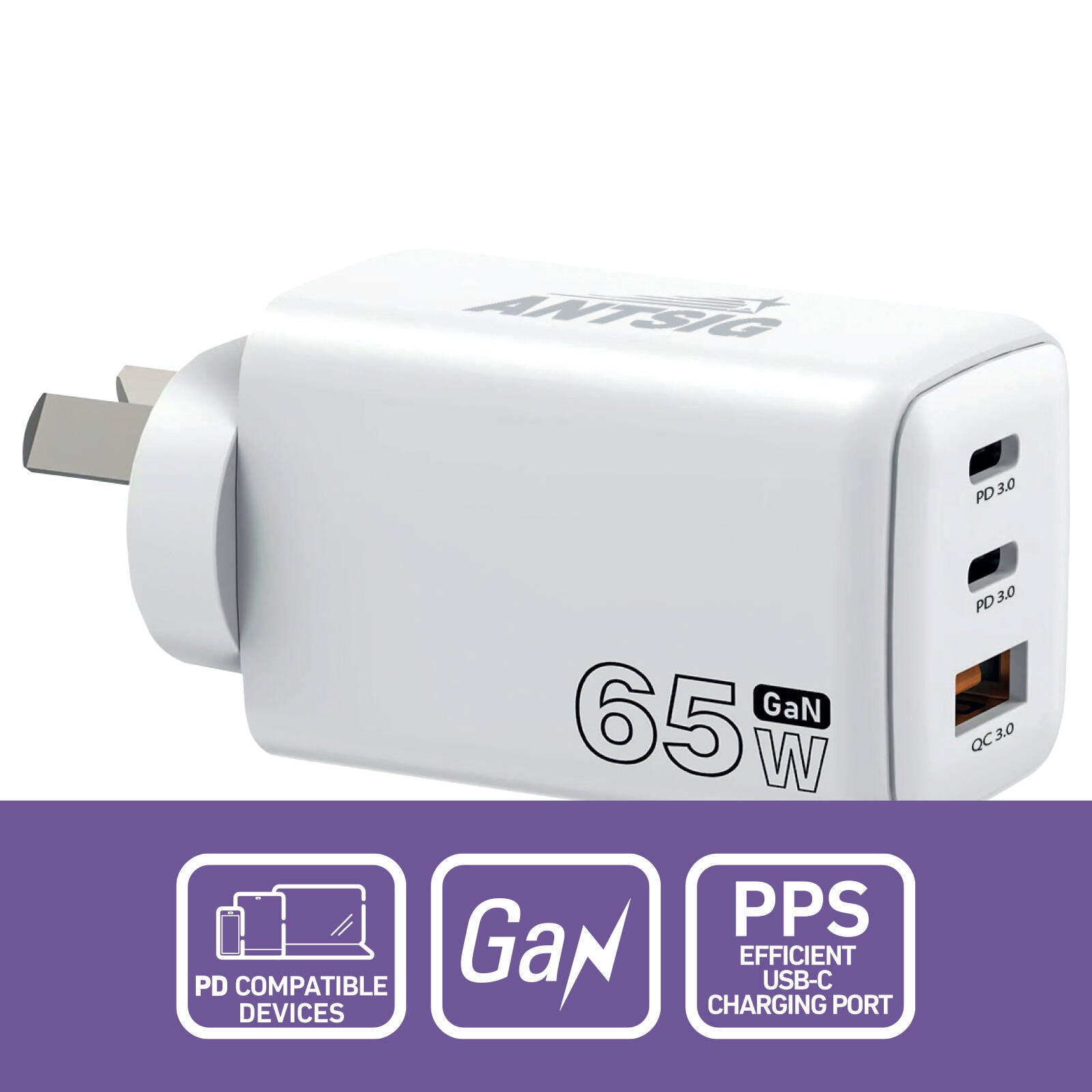 Antsig 65W Multi Port Wall Charger - USB-C 65W + Dual USB-A, GaN Fast Charge APWC65WA2C