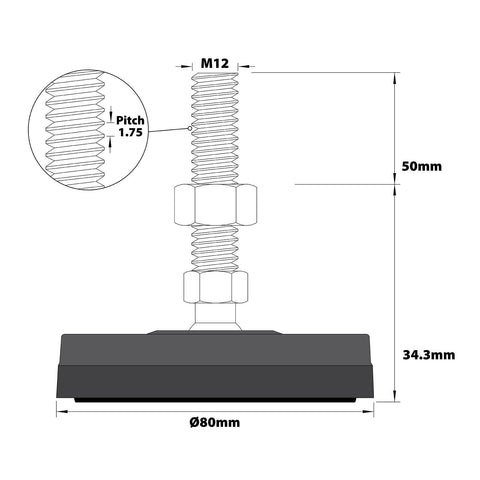Easyroll 80mm Round Adjustable Foot With 50mm M12 Bolt