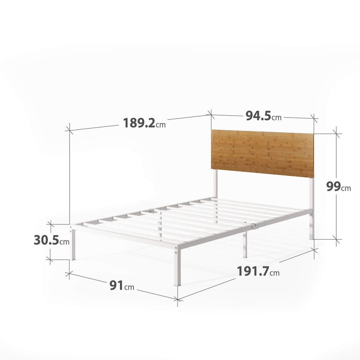 Zinus Figari Single Metal and Bamboo Bed Frame in White - Adjustable Headboard, 150kg Capacity - AU-FBOBH2-39S