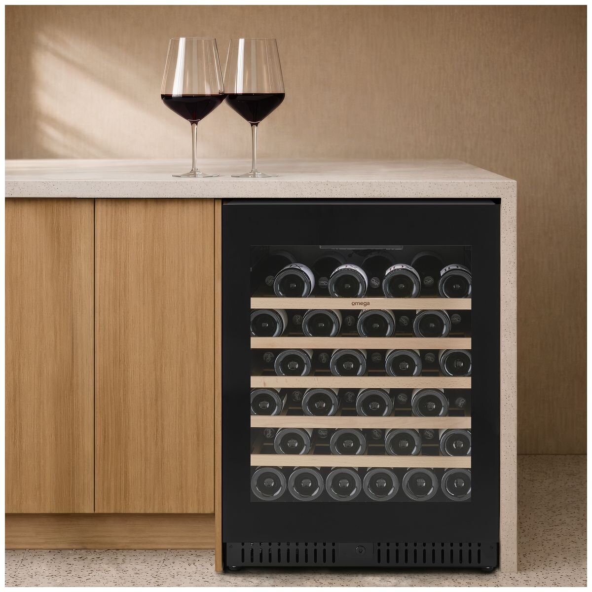 Omega 52 Bottle Single Zone Wine Cabinet - Black, Triple Glazed UV Glass, Built-In or Freestanding - OCW52SB