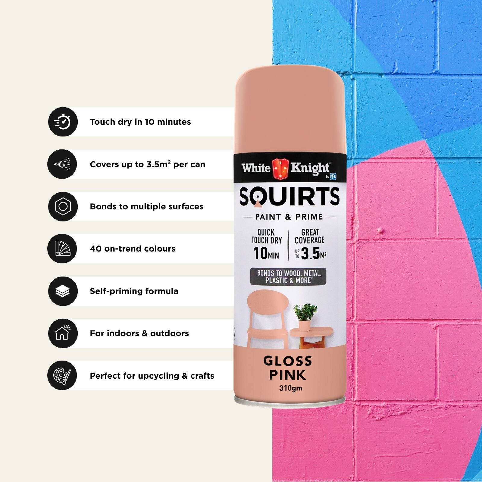 White Knight Squirts Pink Gloss Spray Paint 310g - Solvent-Based Paint & Primer, UV Resistant