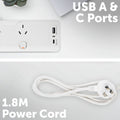 Arlec 6 Outlet Surge Protected Powerboard 1.8m - White - PD20W USB Charging - SuperSaverAU - view 2
