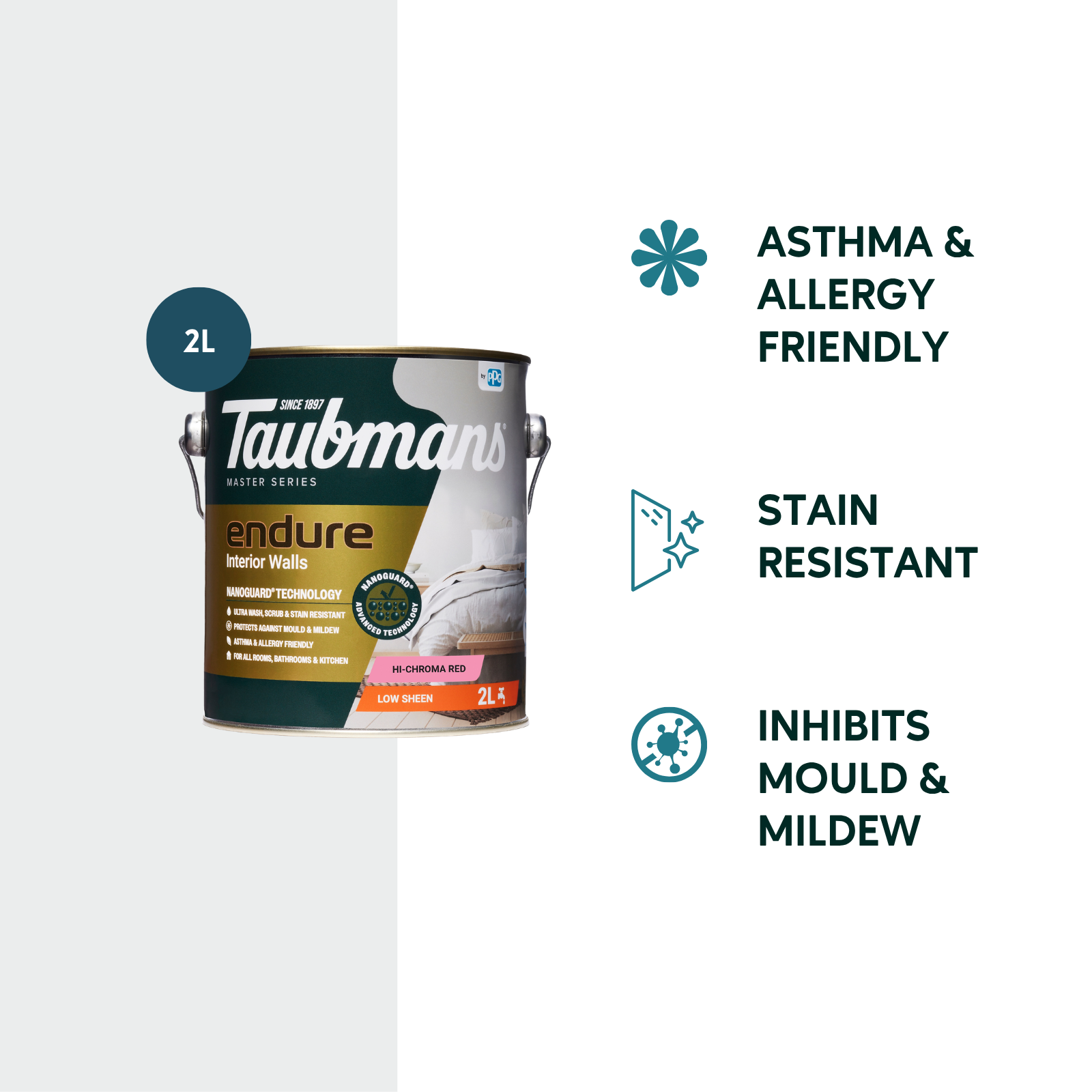 TAUBMANS Endure 2L Hi-C Red Low Sheen Interior Walls Paint Water Based UV Resistant