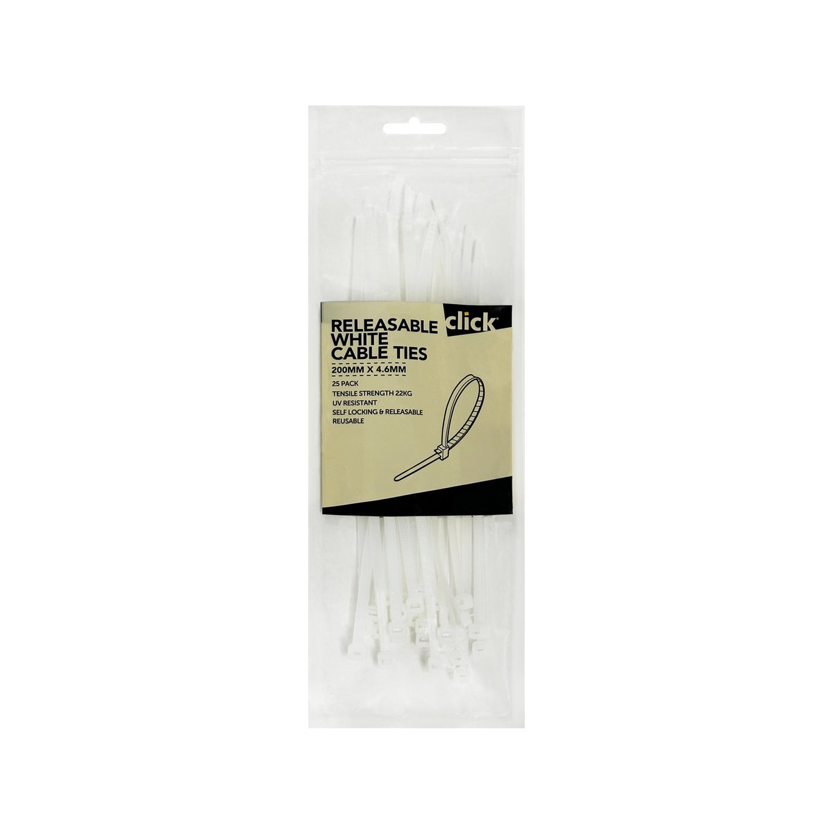 Click 200mm White Releasable Cable Tie 25 Pack - UV Resistant - Nylon