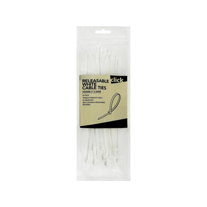 Click 200mm White Releasable Cable Tie 25 Pack - UV Resistant - Nylon