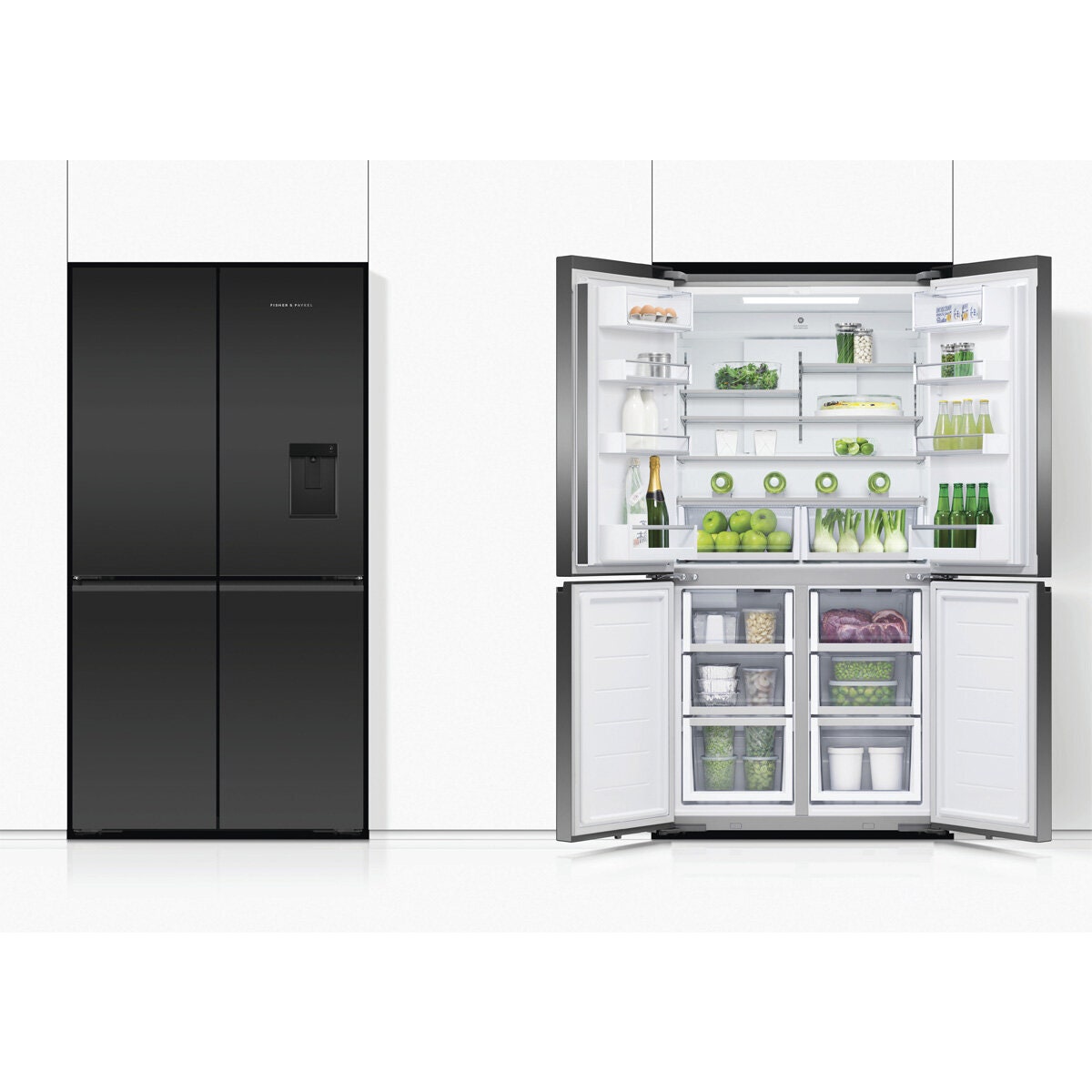 Fisher & Paykel Series 7 538L Quad Door Fridge - Matte Black Glass - Water Dispenser - RF605QZUVB1